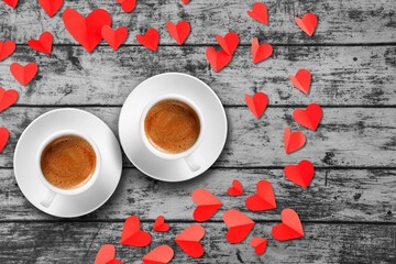 Sticker - Two cups of coffee with shape. Festive card for Valentines Day