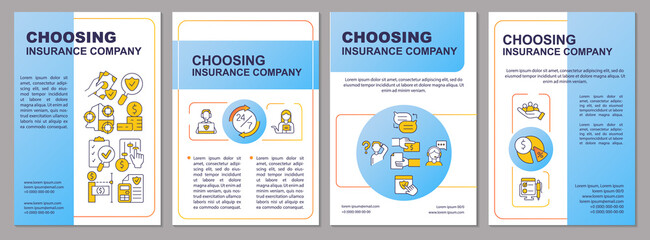 Insurance company finding blue brochure template. Cover seeking. Leaflet design with linear icons. 4 vector layouts for presentation, annual reports. Arial, Myriad Pro-Regular fonts used