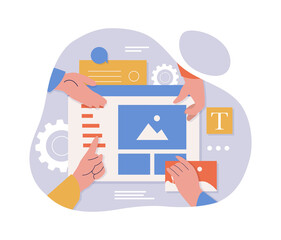 Concept of programming. Employees develop design for website, interface and user experience. Page optimization for promotion on Internet, coworking and teamwork. Cartoon flat vector illustration