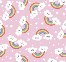 Sticker - Cute seamless rainbow and clouds pattern. Cartoon style.