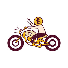 Man with dollar coin head riding motorbike, illustration for t-shirt, street wear, sticker, or apparel merchandise. With doodle, retro, and cartoon style.