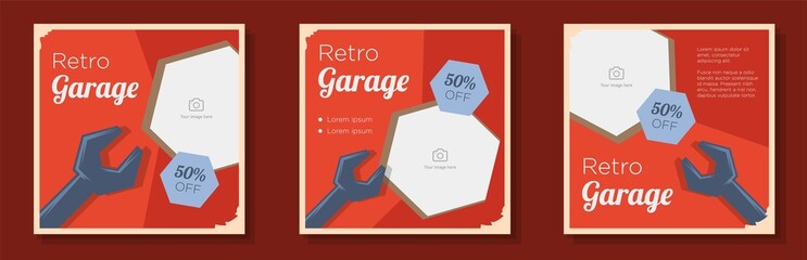 Wall Mural - Retro style engineering social media post, banner set, mechanic garage business advertisement concept, handyman fixer marketing square ad, abstract print, isolated on background