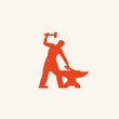 Smithy logo. Red vintage Stylized blacksmith silhouette design with grunge texture. Man working with hammer and anvil. 