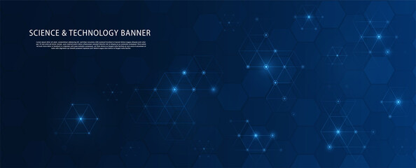 Science technology banner. Digital world and innovation, electronics and data transmission. Online archive and work with information. Wallpaper for phone or computer. Cartoon flat vector illustration