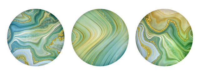 Wall Mural - abstract round sticker collection with fake painted artificial stone textures, mint green onyx and marble with golden veins, digital marbling illustration