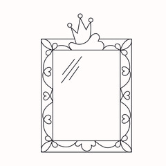 Wall Mural - Princess mirror frame with crown or tiara line vector illustration isolated on white background. Fairytale girl's frame and magic decorative border for laser cut. Outline vintage baby queen decor