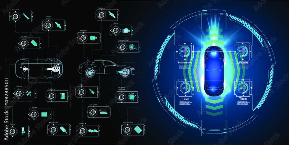 Car interface in HUD, GUI, UI style. Automotive sensing system concept ...