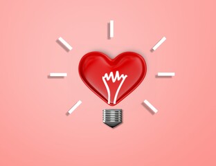 Poster - Light bulb icon on red heart. Love, care, sharing, giving, wellbeing, inspiration, and idea concepts.