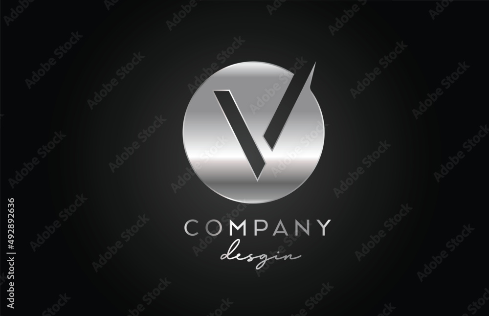 V silver grey alphabet letter logo icon with circle design. Metal ...