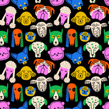 Funny Dog Animal Face Icon Cartoon Seamless Pattern In Colorful Flat Illustration Style. Cute Puppy Pet Head Background, Diverse Domestic Dogs Breed Wallpaper.
