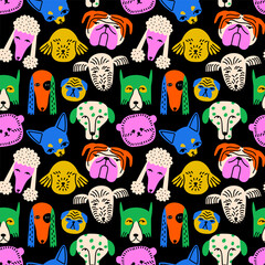 Wall Mural - Funny dog animal face icon cartoon seamless pattern in colorful flat illustration style. Cute puppy pet head background, diverse domestic dogs breed wallpaper.