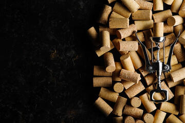 Metal corkscrew for opening wine corks against background of wine corks.On black background with space for text, top view.Concept of wine sales and advertising. Banner