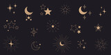 Fototapeta  - Gwiazdy i półksiężyce - błyszczące ikony. Gwieździsta noc, spadająca gwiazda, fajerwerki, migająca gwiazdka, świecące, złote wektorowe ilustracje.