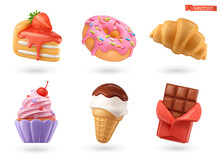 Sweet Food 3d Realistic Render Vector Icon Set. Cake, Donut, Croissant, Cupcake, Ice Cream, Chocolate