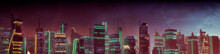 Cyberpunk Cityscape With Orange And Green Neon Lights. Night Scene With Futuristic Superstructures.