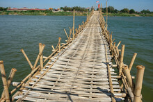 Kampong Cham, Cambodia - February 2022: The Kampong Cham Bamboo Bridge In Cambodia Is The Longest In The World On February 6, 2022 In Kampong Cham, Cambodia.