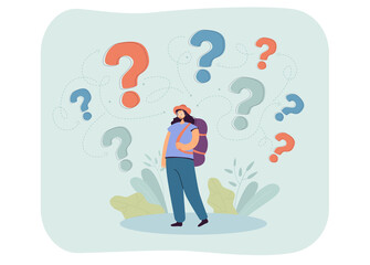 Canvas Print - female tourist with question marks above head. girl with backpack thinking, wondering, making decisi