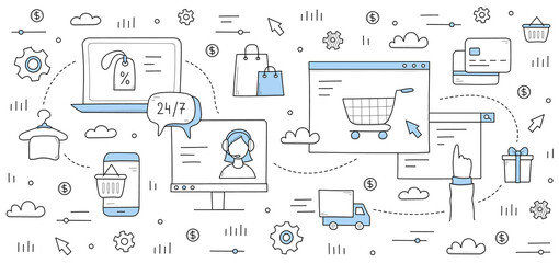 Wall Mural - e-commerce background with doodle signs of web store sale, payment, delivery and customer support. v