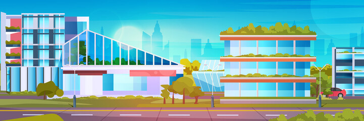 Wall Mural - future city futuristic unusual shapes buildings and green trees modern architecture urban town cityscape background