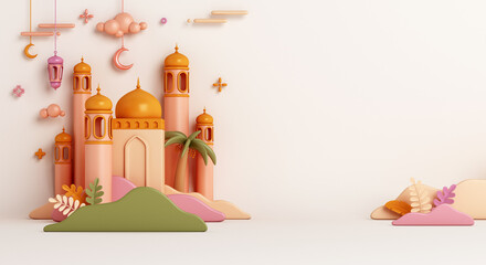 Wall Mural - Islamic decoration background with mosque crescent moon, lantern, leaves cartoon style, ramadan kareem, mawlid, iftar, isra  miraj, eid al fitr adha, muharram, copy space, 3D illustration.