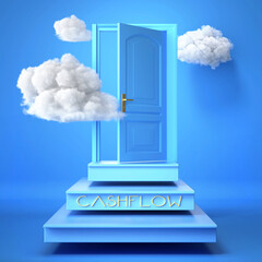 Wall Mural - Cashflow and success, progress and effort - concept 3d render. Ideas of work and goals symbolized by steps leading to an opening doors within clouds., 3d illustration