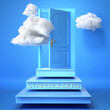 Stakeholders and success, progress and effort - concept 3d render. Ideas of work and goals symbolized by steps leading to an opening doors within clouds., 3d illustration