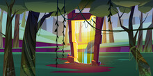 Magic Portal In Forest Or Jungle, Mysterious Landscape Background With Glowing Gate Entrance With Yellow Plasma In Deep Wood With Trees And Lianas. Fantasy Game Scene, Cartoon Vector Illustration