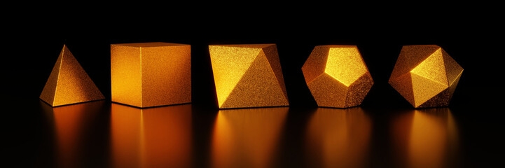 Platonic solids - tetrahedron, cube, octahedron, dodecahedron and icosahedron (assortment of golden glittery polyhedra, black background, 3d render)