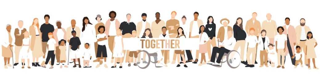 Together. People stand side by side together. Flat vector illustration.