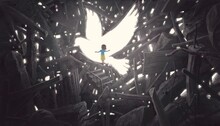 Conceptual Surreal Art Of Peace, War And Hope. Painting 3d Illustration Of A Girl And Pigeon Light In Broken Building. Concept Artwork. Freedom Of Child.