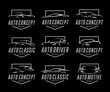 Sports car logo icon set. Motor vehicle auto dealership badge collection. Automotive supercar garage symbols. Vector illustration.