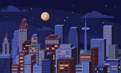 Night city with office and residential buildings, sky and moon. Urban view of downtown with skyscrapers at midnight. Metropolis cityscape. Business center at nighttime. Flat vector illustration