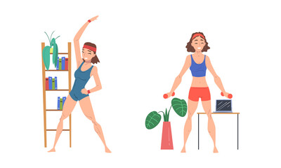 Sticker - People doing sports at home set. Young women exercising with dumbbells and doing side bends cartoon vector illustration