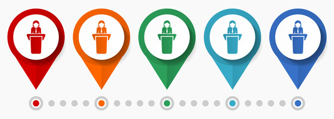 Fototapete - Speech, presentation concept vector icon set, flat design speaker pointers, infographic template easy to edit