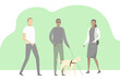 Man with blindness walking with guide dog. Vector illustration.