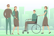 Person with disability and person with blindness walking with their helpers. Vector illustration.