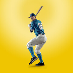 Baseball players in dynamic action in action on gradient multicolored neon background. Concept of sport competition.