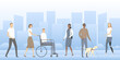 Man in wheelchair, woman with leg prosthesis, man with guide dog. Vector illustration.