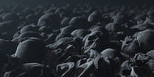 Bunch Of Bones Human Skulls Covering Dusty Ground, Death Conceptual Backgound