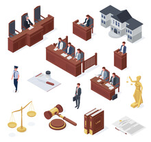 Isometric Law Elements, Court, Judge, Lawyer, And Hammer. Tribunal And Judgment Equal For Everyone Vector Illustration Set. Magistrate Passes Sentence