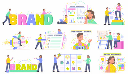 Wall Mural - Brand building, corporate identity, personal brand development. Corporate identity, brand creation and development vector illustration set. Business corporate identity