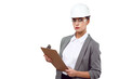© khmelev - Young woman engineer in a protection helmet and goggles holds documents folder tablet in her hands on a white isolated background