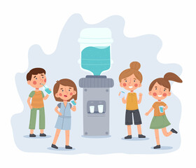 Wall Mural - Kindergarten children drinking water, kids near school water cooler. Thirsty girls and boys vector illustration. Kids holding water glasses