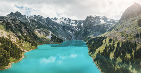 aerial view of the emerald lake in the mountain circus. national park and natural attractions. wilde