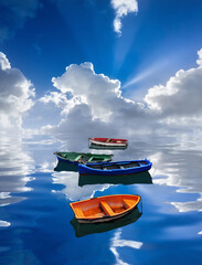 Wall Mural - fantasy seascape with boats and water reflections
