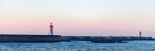 Farolim De Felgueiras Is 19th Century Hexagonal Lighthouse On The Douro River, Porto, Portugal During Sunrise