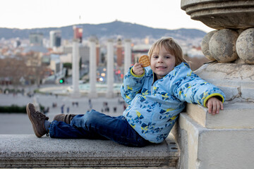 Sticker - Child, cute toddler boy, enjoying sightseeing in Barcelona