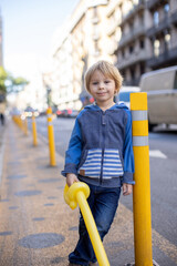 Sticker - Cute little children tourists admiring Barcelona city, family travel with kids