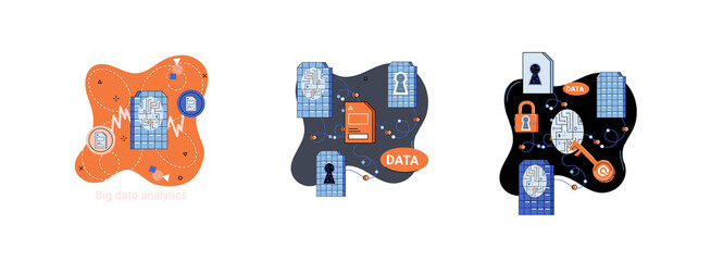 Big data analytics platform, data management and protection creative metaphor set abstract concept. Data center room disk infrastructure business information safety. Technology Internet and network