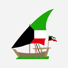 Historic Kuwait Flag Wooden Dhow Ship Middle East Skyscrapers On White Background With Green Sea Wave